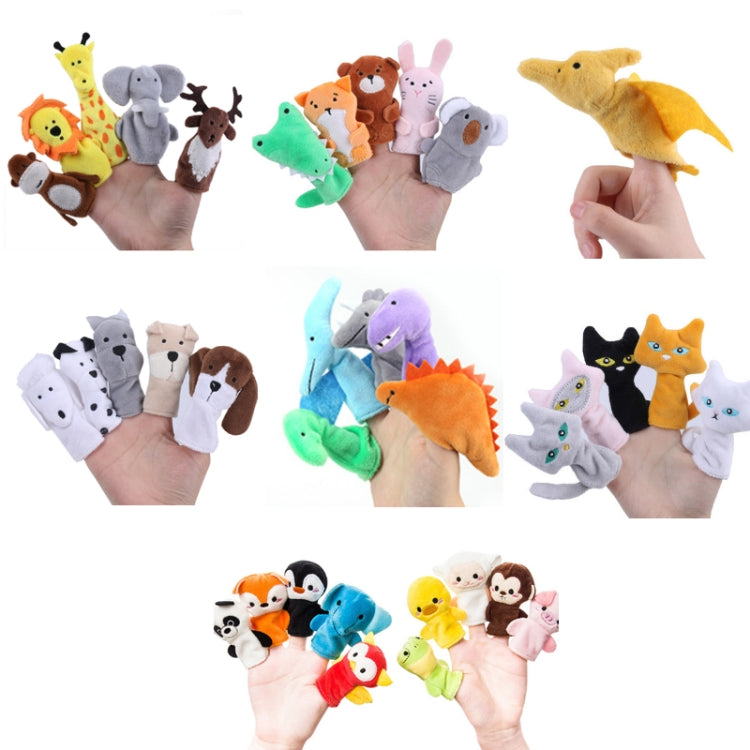 Assorted animal finger plush dolls held in hands, mixed colors and faces