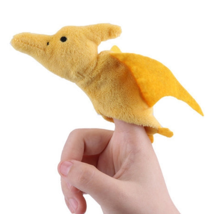Yellow plush animal finger doll with stitched nose and open eye detail