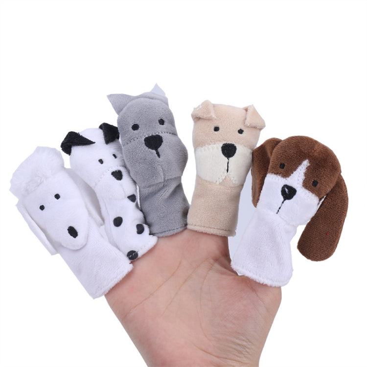 Set of white, gray, tan, and brown animal finger plush dolls (dog and dog-like)