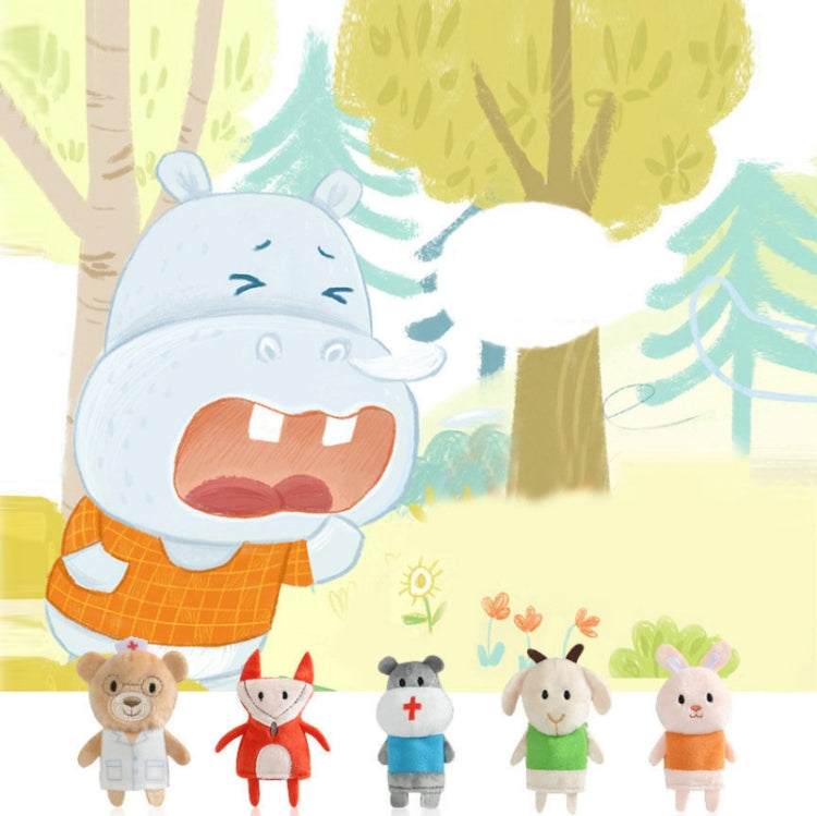 Animal finger plush dolls set shown with a cartoon classroom scene and figures