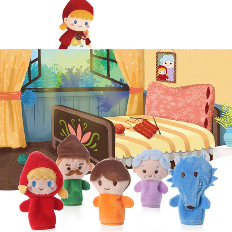 Animal finger plush dolls characters standing together in a storybook scene