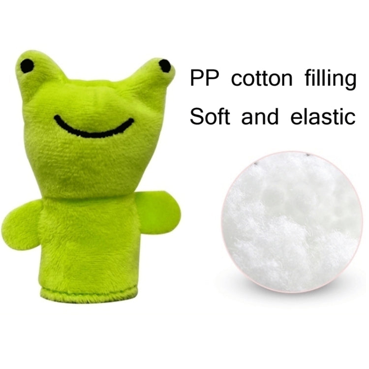 Green frog finger plush puppet with stitched smile and soft filling