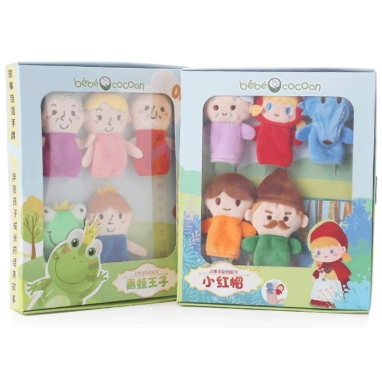 Two boxed sets of finger plush character dolls with frog and kids designs