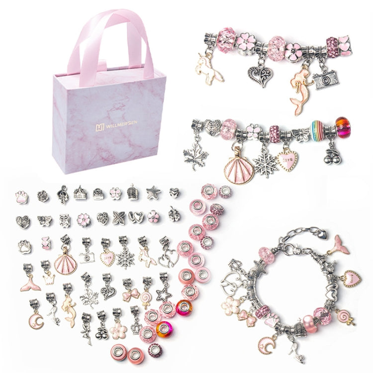 Kids charm bracelet set with pink beads and mixed silver-toned cartoon charms