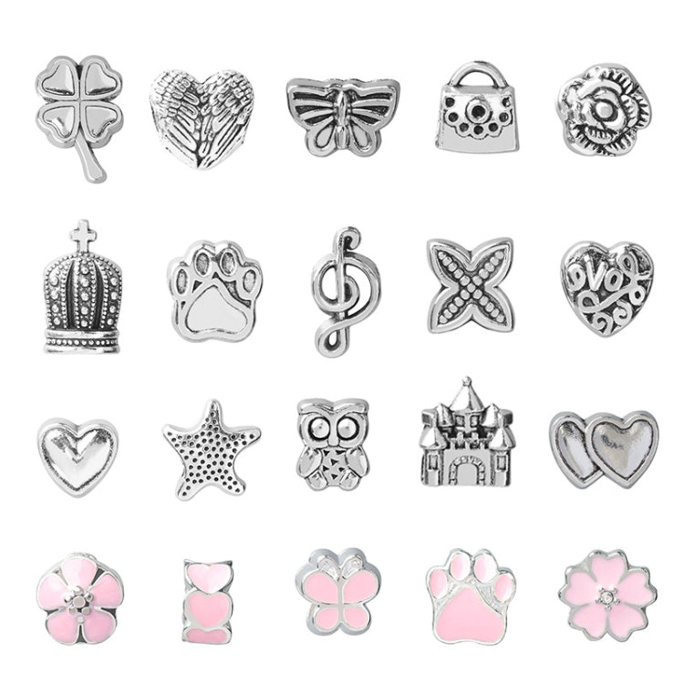 Mixed silver-toned charm beads and clips with pink heart and flower accents