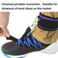 Foot drop brace secured to a sneaker with black cuff and blue tension straps