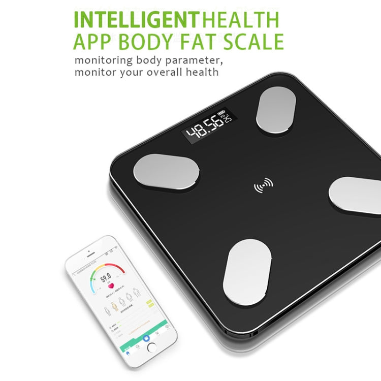 Smart Bluetooth body fat scale, black glass with oval pads and app-connected display