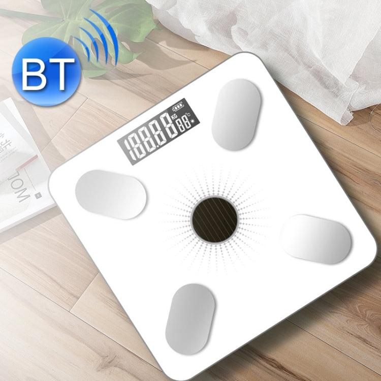 Smart Bluetooth body fat scale, white glass with oval sensor pads and digital display