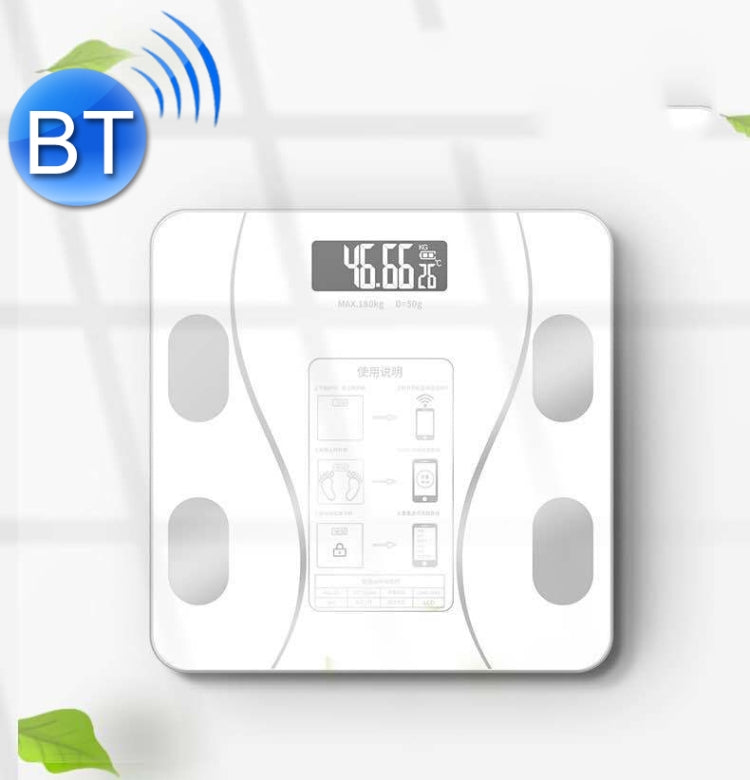 Smart Bluetooth body fat scale, white glass with oval pads and control panel markings