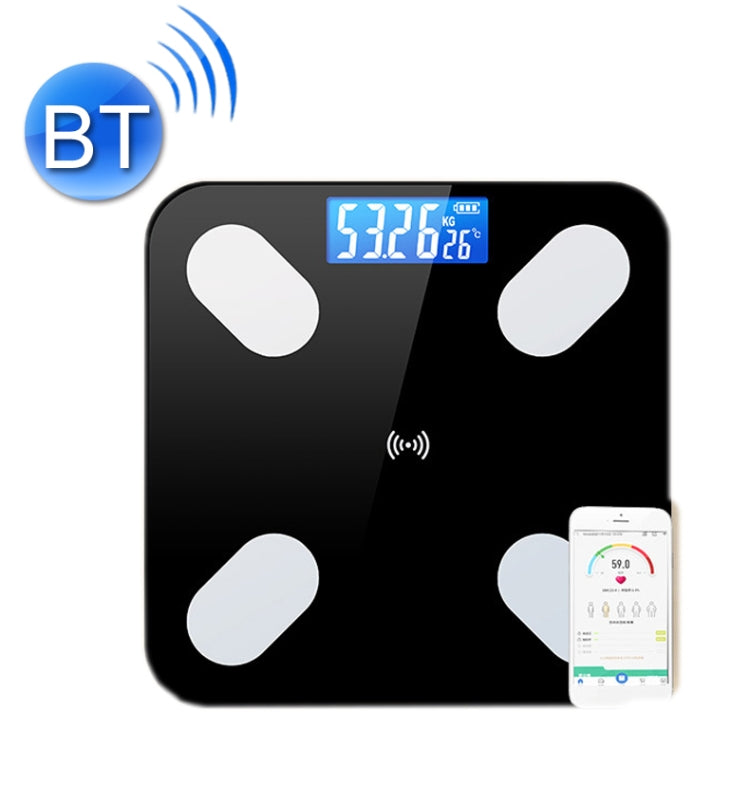 Black smart Bluetooth body fat scale with blue screen and app phone nearby