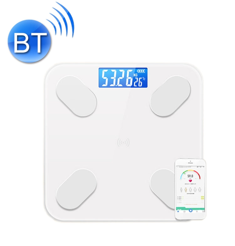 White smart Bluetooth body fat scale with blue digital display and four foot pads