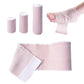 Pink-and-white elastic compression bandage strips, self-adhesive end tab, with rolls
