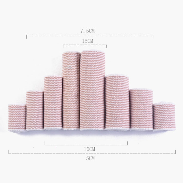Stacked pink-and-white compression bandage rolls with elastic strip lengths for sizing