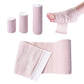 Pink-and-white elastic compression bandage strip and coiled rolls, breathable woven knit