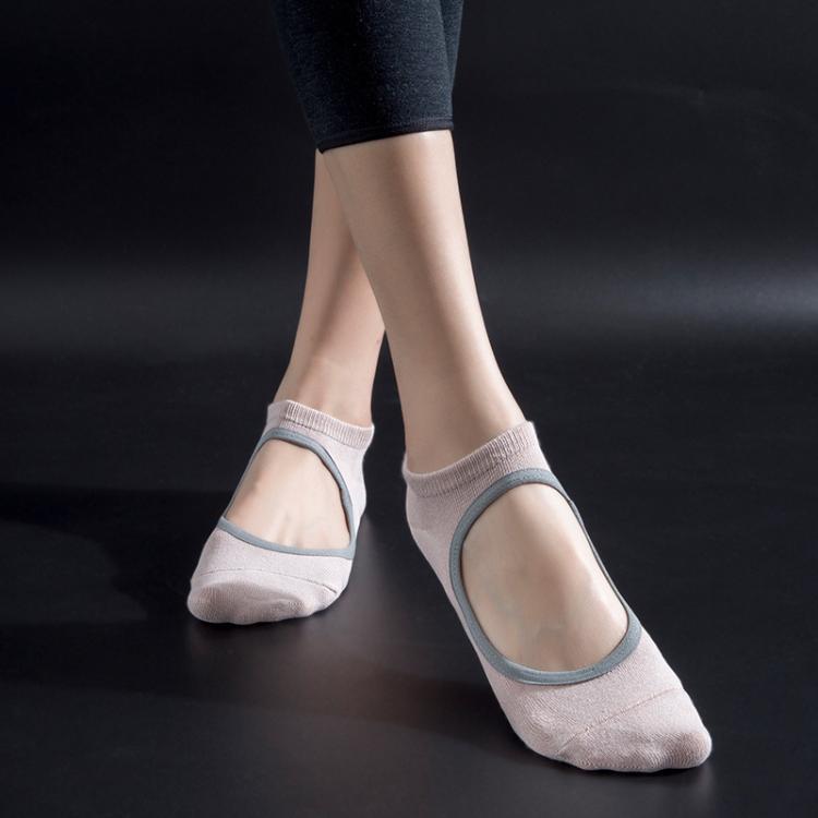 Backless non-slip yoga socks in taupe-gray with open back and non-slip grip