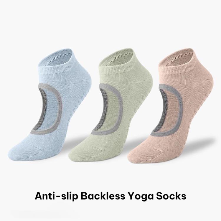 Backless non-slip yoga socks set in light blue, green, and beige with grip pads