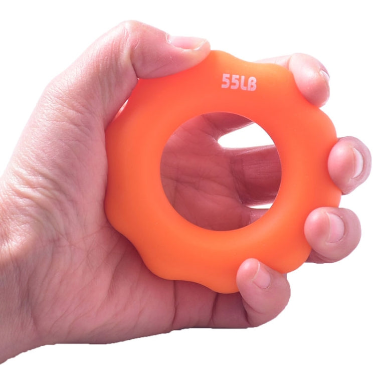 Orange 55LB silicone finger exercise grip ring with round center opening.