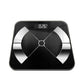 Black digital body fat scale with dark LCD readout and cross-shaped sensor electrodes