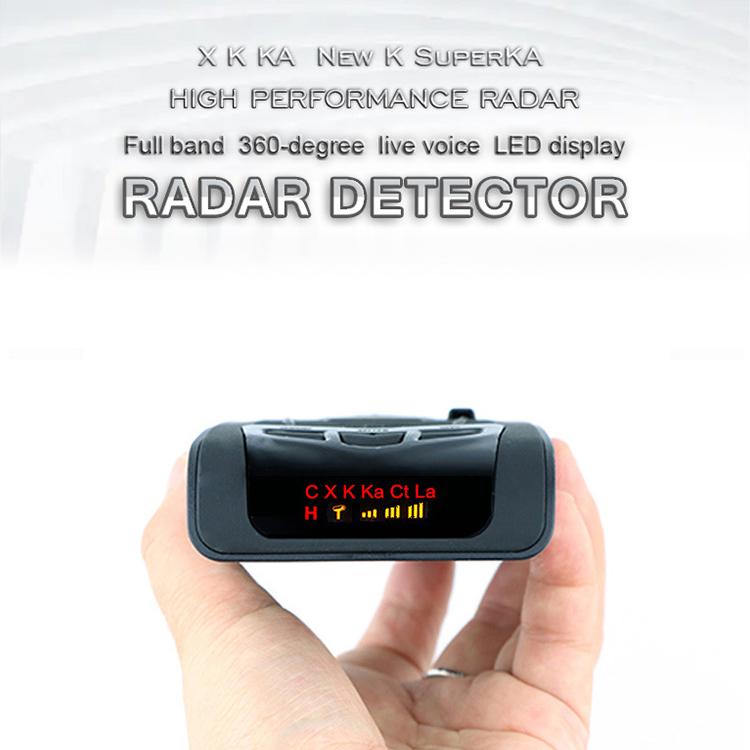 STR550 laser radar detector speaker held in hand, front LED display visible