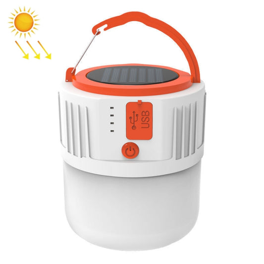 Portable solar LED emergency light lantern, white body with orange handle and top panel