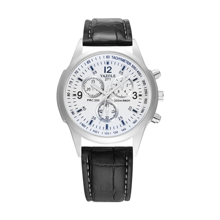 Three-eye six-hand quartz wristwatch with white dial and black leather strap
