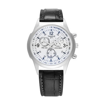 Three-eye six-hand quartz wristwatch with white dial and black leather strap