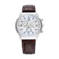 Three-eye six-hand quartz wristwatch with white dial and brown leather strap