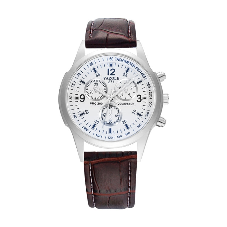 Three-eye six-hand quartz wristwatch with white dial and brown leather strap
