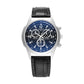 Three-eye six-hand quartz wristwatch with blue dial and black leather strap