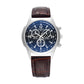 Three-eye six-hand quartz wristwatch with blue dial and brown leather strap