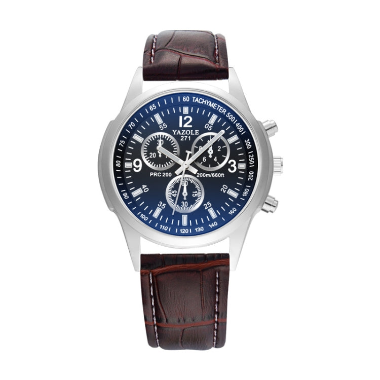 Three-eye six-hand quartz wristwatch with blue dial and brown leather strap