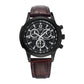 Three-eye six-hand quartz wristwatch with black dial and brown leather strap