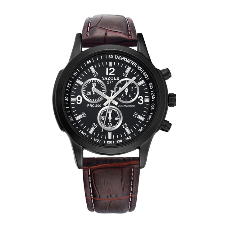 Three-eye six-hand quartz wristwatch with black dial and brown leather strap