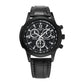 Three-eye six-hand quartz wristwatch with black dial and black leather strap