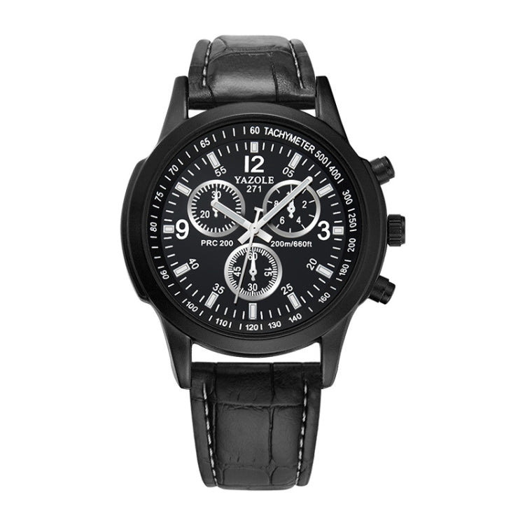 Three-eye six-hand quartz wristwatch with black dial and black leather strap
