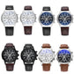 Wristwatch assortment with three-eye six-hand dials in white, black, and blue