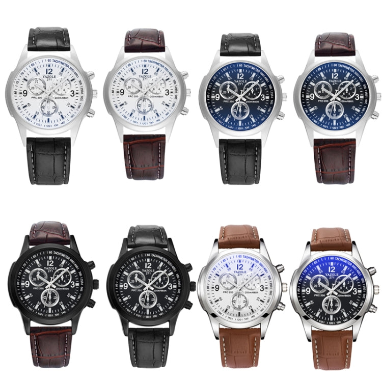 Wristwatch assortment with three-eye six-hand dials in white, black, and blue