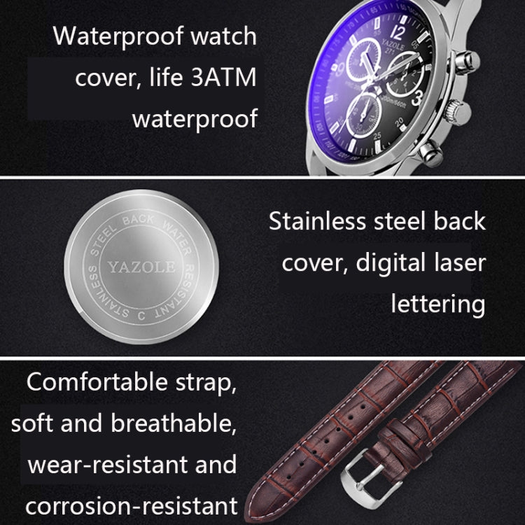 Three-eye six-hand quartz watch with stainless-steel back and leather strap