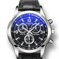 Three-eye six-hand quartz wristwatch with blue dial and black leather strap