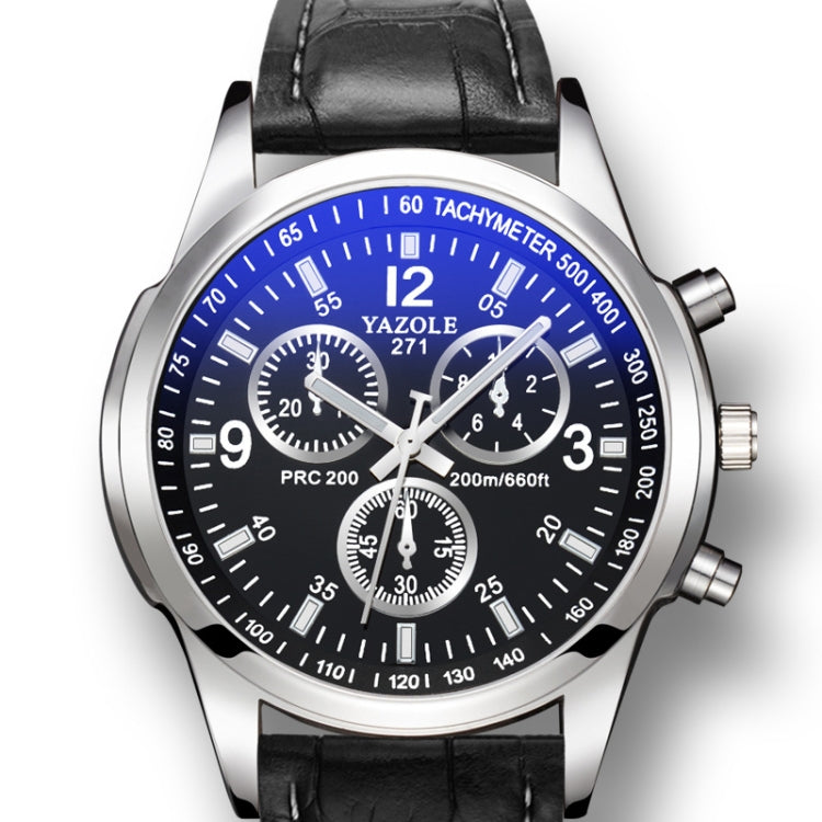Three-eye six-hand quartz wristwatch with blue dial and black leather strap