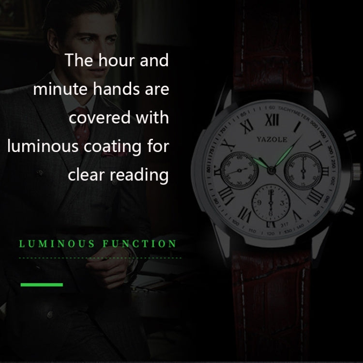 Men’s quartz wristwatch with white dial, three subdials, luminous hands, brown leather strap