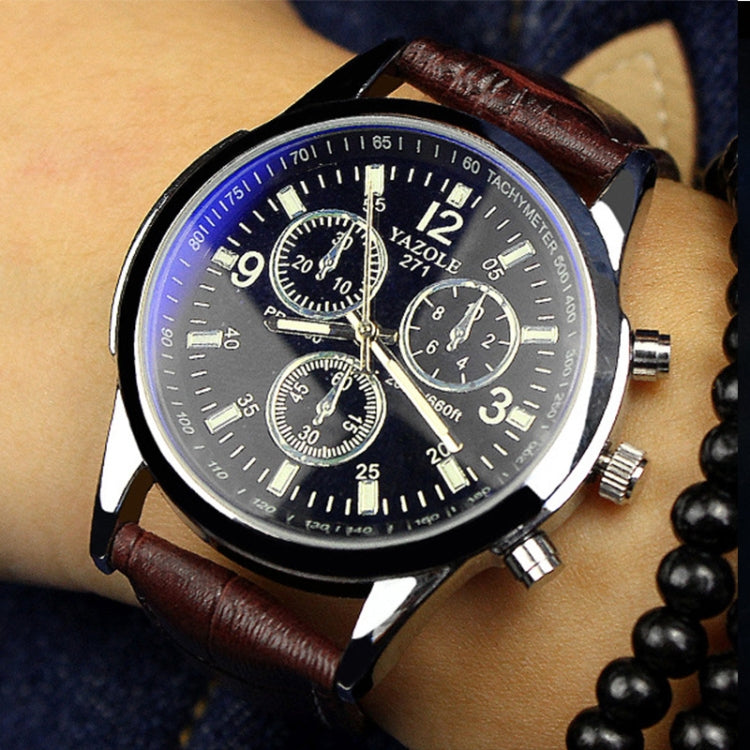 Men’s quartz wristwatch close-up with white dial and three subdials, brown leather strap