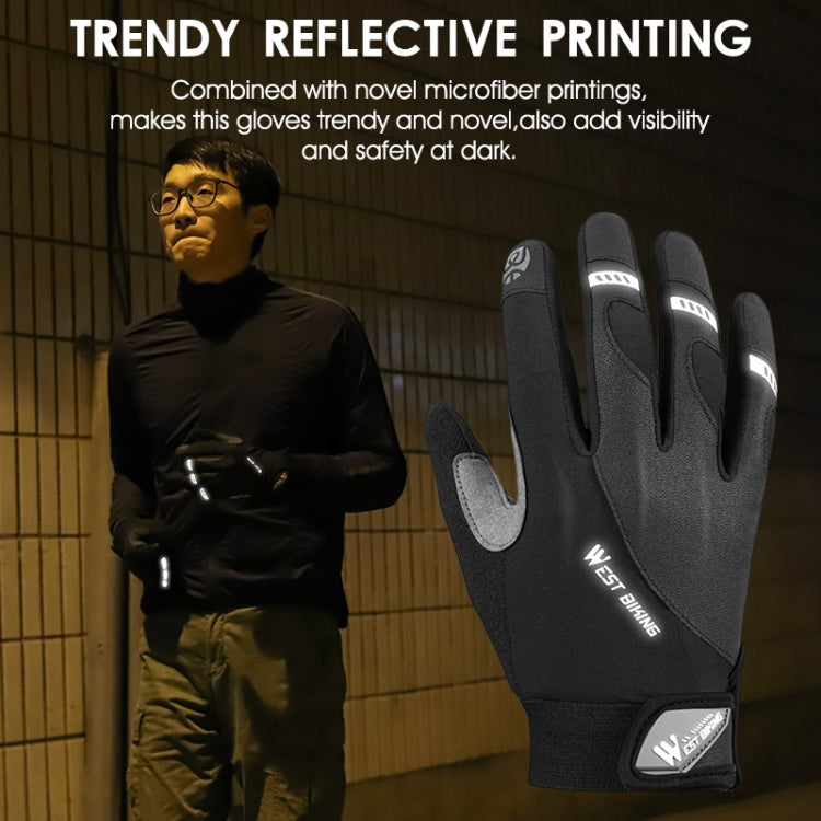 Black bicycle gloves with reflective print and hook-and-loop wrist strap