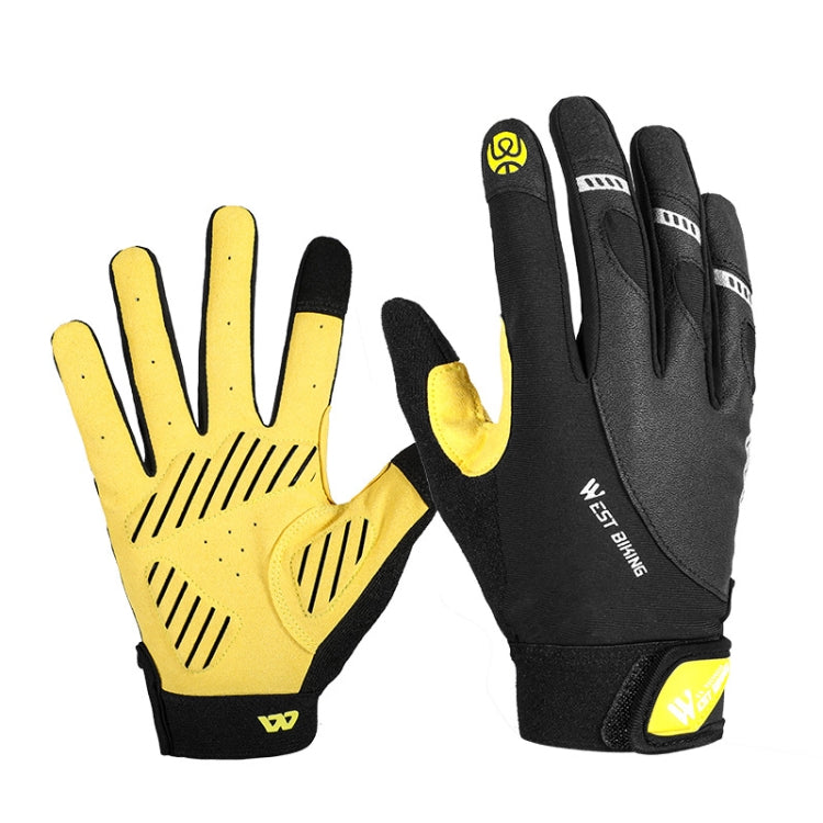 Yellow pair of cycling gloves with textured palm grip and padded knuckles