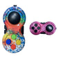 Speckled rainbow and purple glitter handle decompression toys shown together