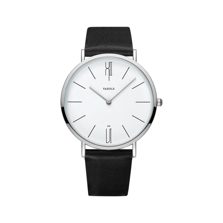 Men’s quartz wristwatch with white dial, silver case, and black leather strap