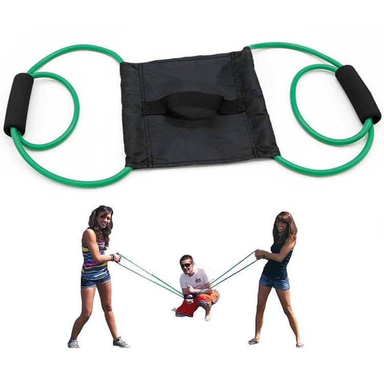 Elastic outdoor water balloon launcher set with green cords and black pouch.