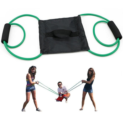 Elastic outdoor water balloon launcher set with green cords and black pouch.