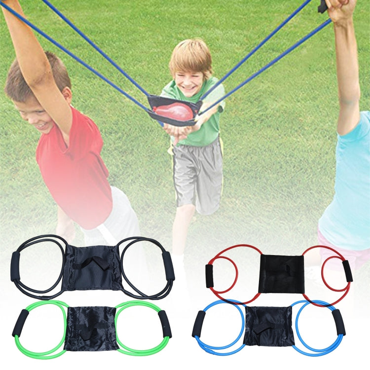 Water balloon launcher set with black pouches and green or blue elastic cords.