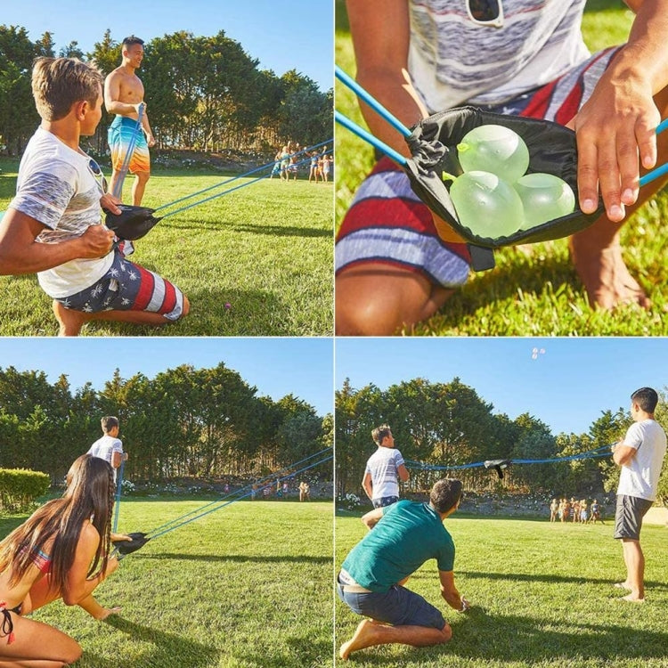 Hands using water balloon in black launcher pouch with elastic band lines.